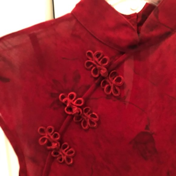 Full Length Burgundy Sheer Gown with Mandarin Collar, Side Slits - Picture 2 of 4